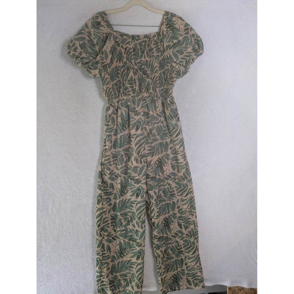 Shop Stevie Jumpsuit Women's S Green Tropical Leaf Smocked Puff Sleeve Wide Leg